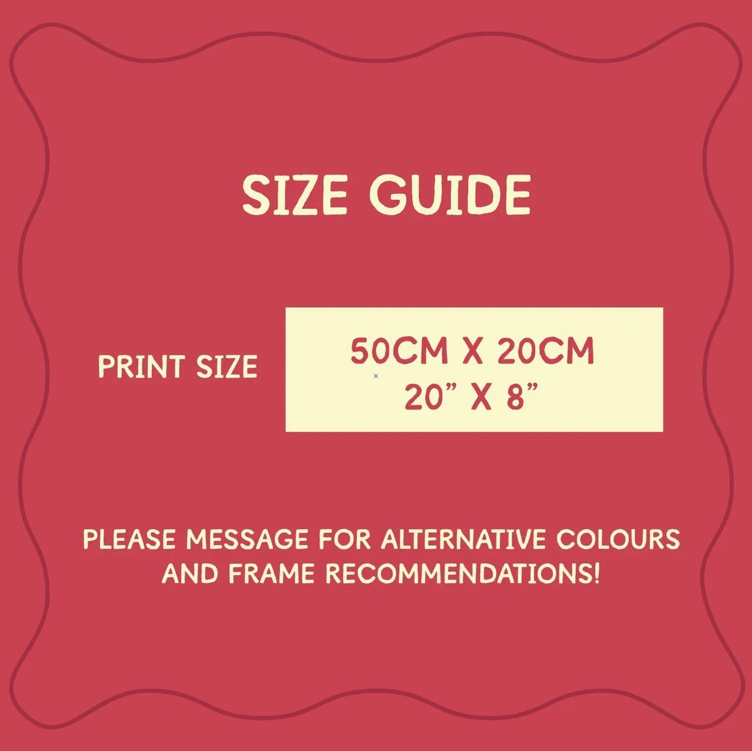 Size guide for print dimensions on a red background