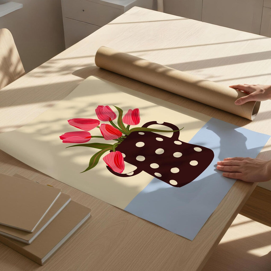 Person unrolling a decorative paper with a coffee cup and tulips design on a wooden table.